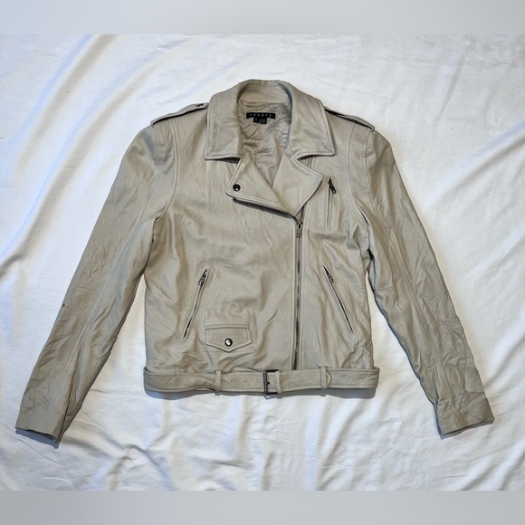 Theory Lamb Leather Moto Jacket light beige/taupe color size Large women’s - Picture 13 of 15